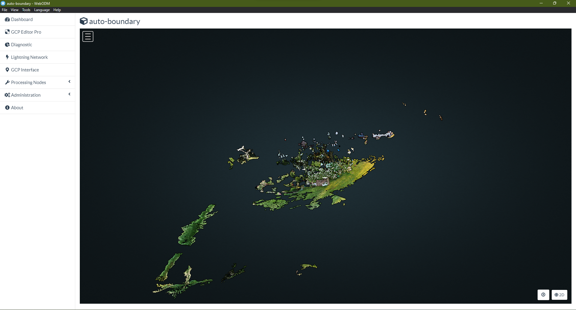 WebODM displaying the reconstruction extent of a terrestrial orbit survey of a Northern Catalpa tree.