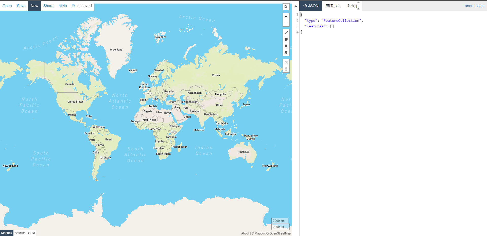 GeoJSON.io interface with empty GeoJSON map and text.