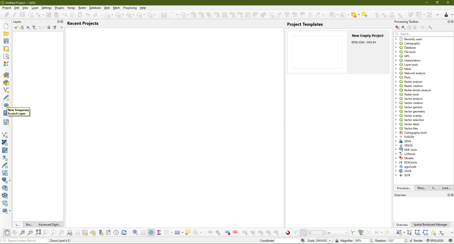 Choosing the "Create A Temporary Scratch Layer" tool to make an empty layer to create our Boundary [GeoJSON] within.