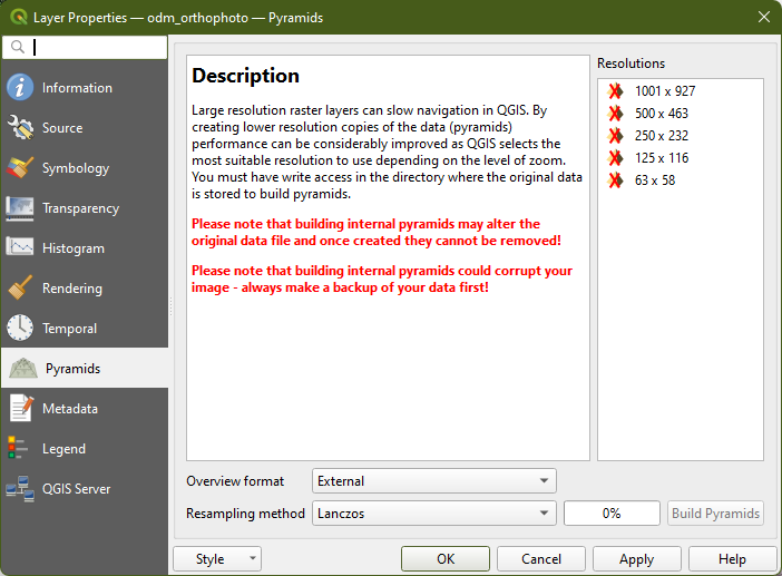 QGIS Layer Properties not showing Internal Overviews