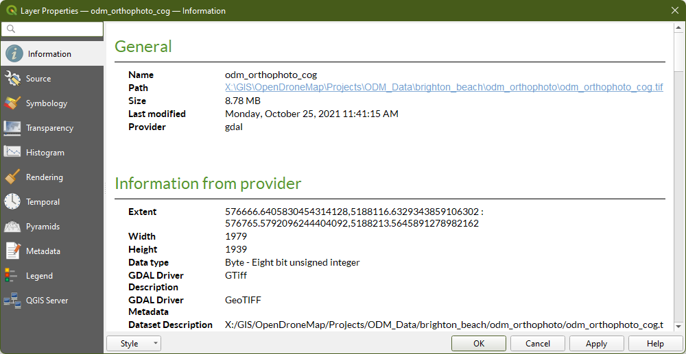 QGIS Layer Properties showing an on-disk file size of 8.78 MB