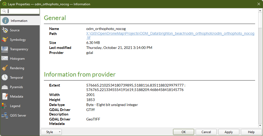 QGIS Layer Properties showing an on-disk file size of 6.30 MB